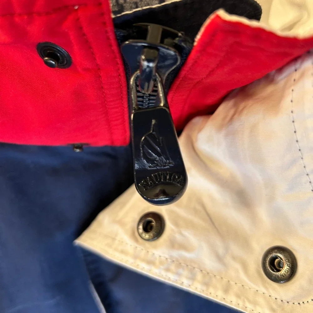VTG 90s Nautica Challenge J-Class Sailing Jacket Navy Red XXL Hooded Windbreaker